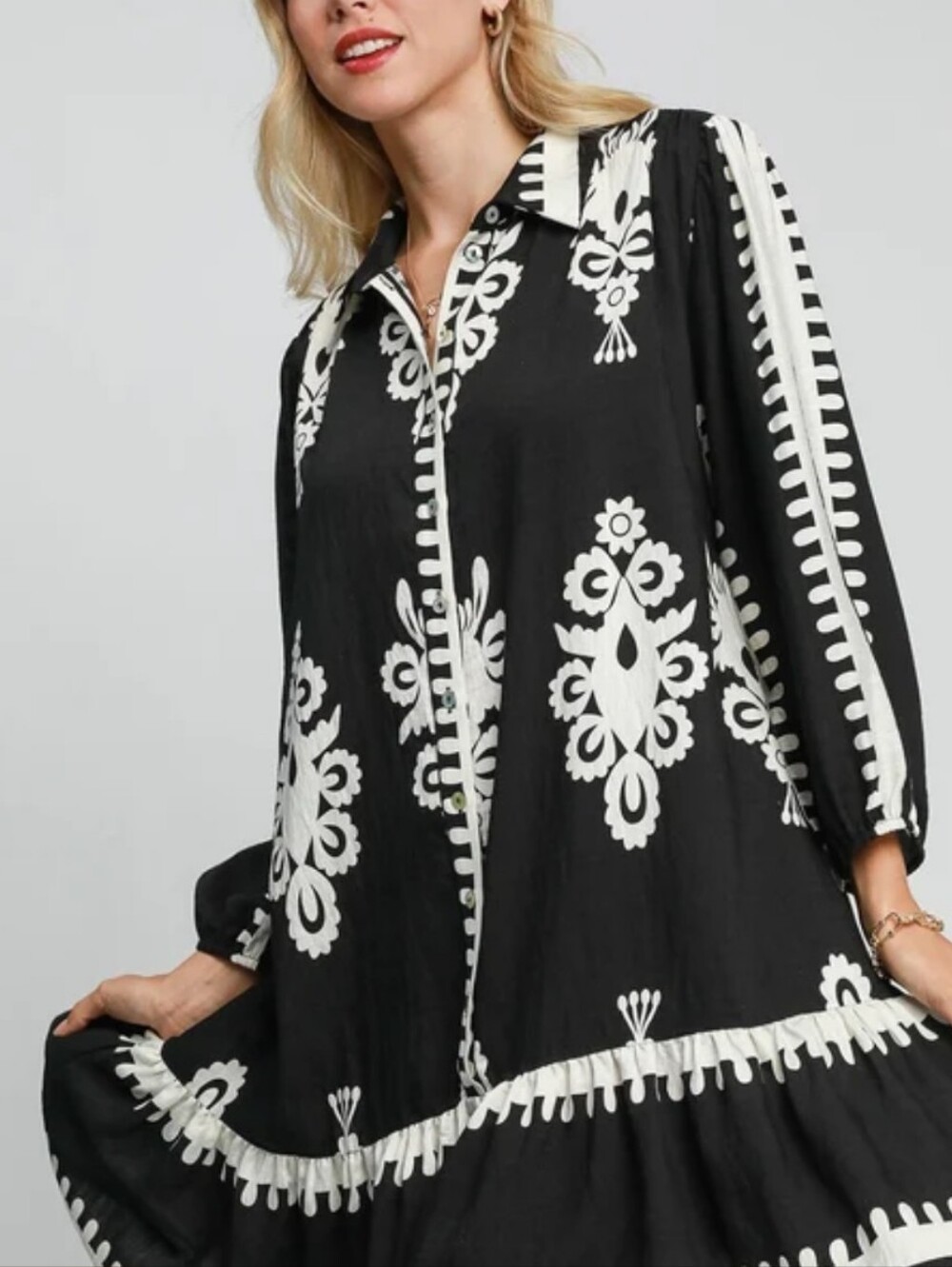 Umgee Black Dress with White Motifs Patterned Ruffle Border